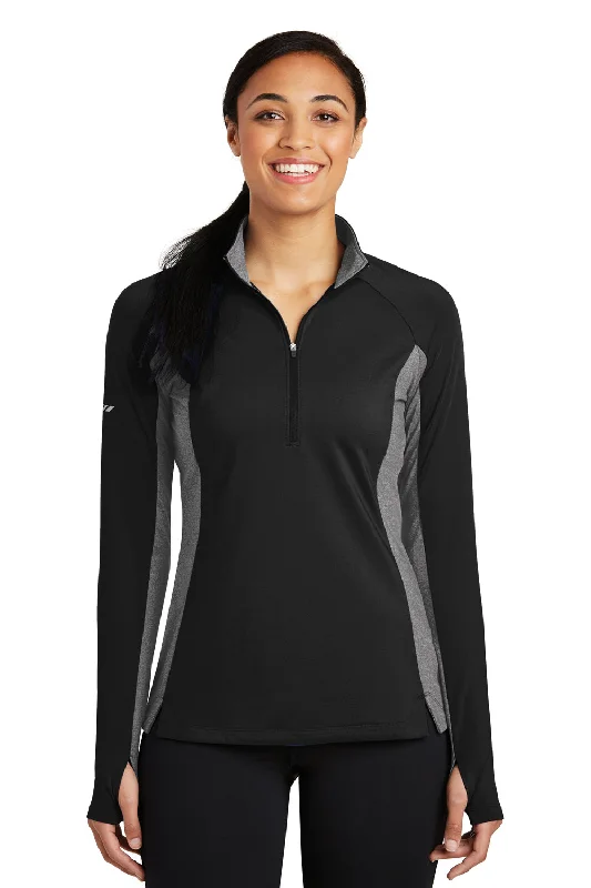 Sport-Tek Womens Sport-Wick Moisture Wicking 1/4 Zip Sweatshirt - Black/Heather Charcoal Grey