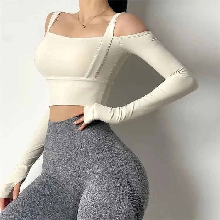 Women Strapless Sports Shirts Long Sleeve Dry Tank Top Gym T-shirt Athletic Acti