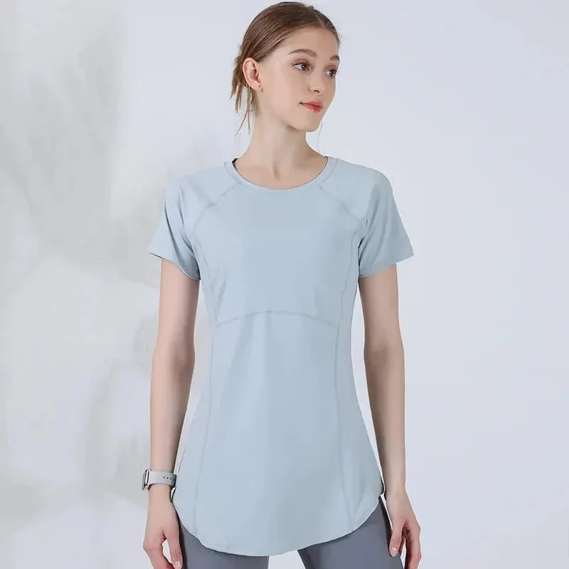 Yoga Sport Top For Women Short Sleeve Shirts Cover Hip Gym Shirt Fitness Workout