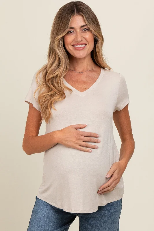 Beige Basic V-Neck Short Sleeve Maternity Top