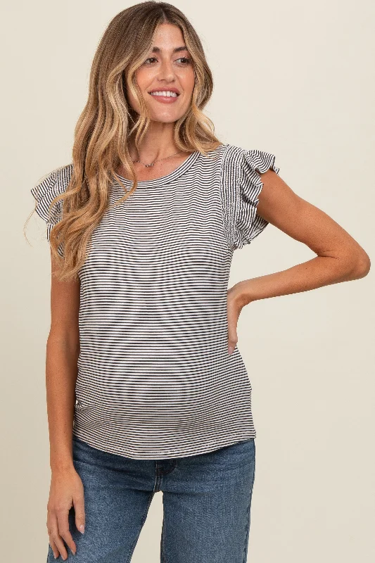 Ivory Striped Flutter Sleeve Maternity Top