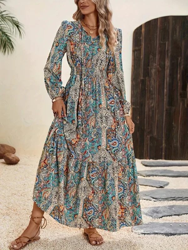 Printed Tie Neck Long Sleeve Maxi Dress